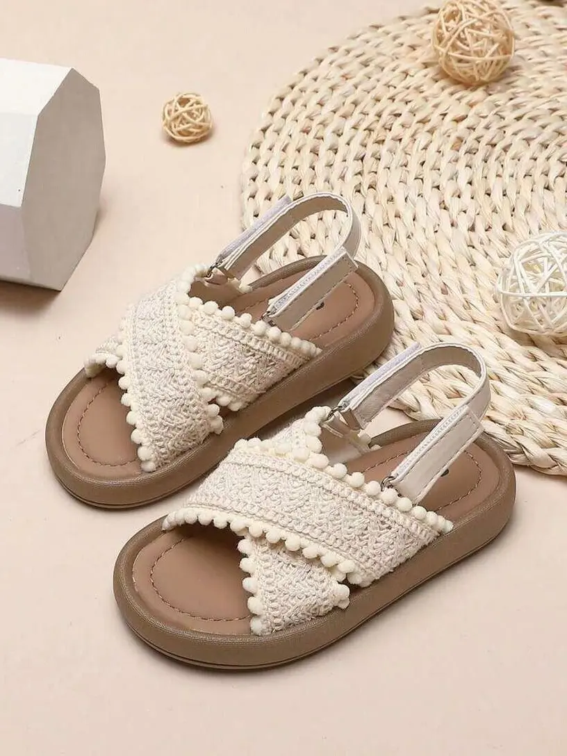 sandały na rzepy boho pompony ecru