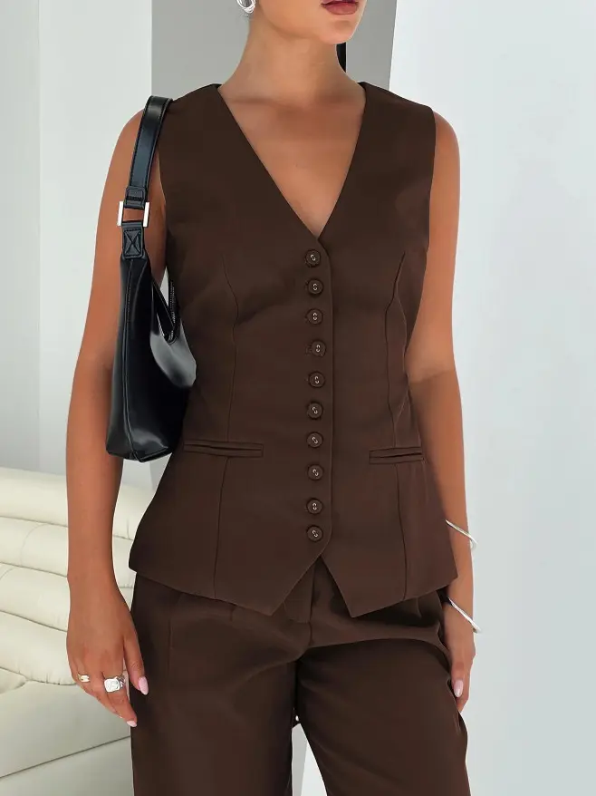 brązowa kamizelka guziki v-neck