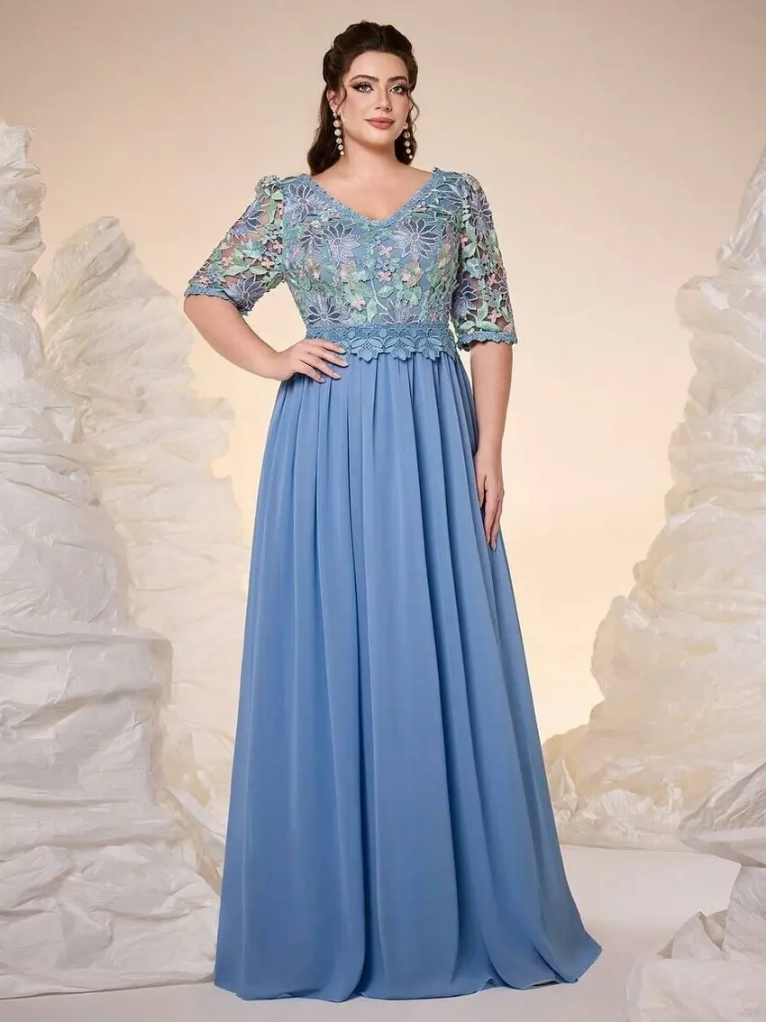 niebieska maxi sukienka haft łączenie v-neck