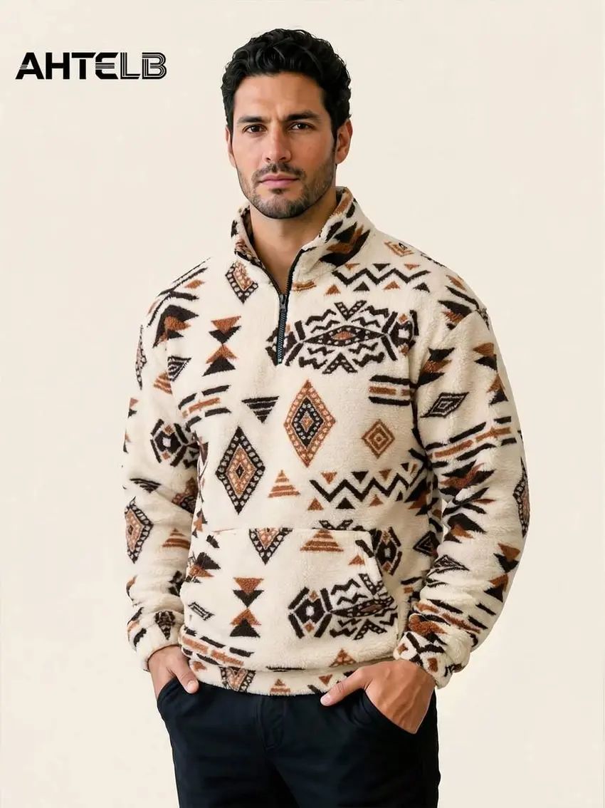 polarowa bluza zamek aztec print kontrast kieszonka