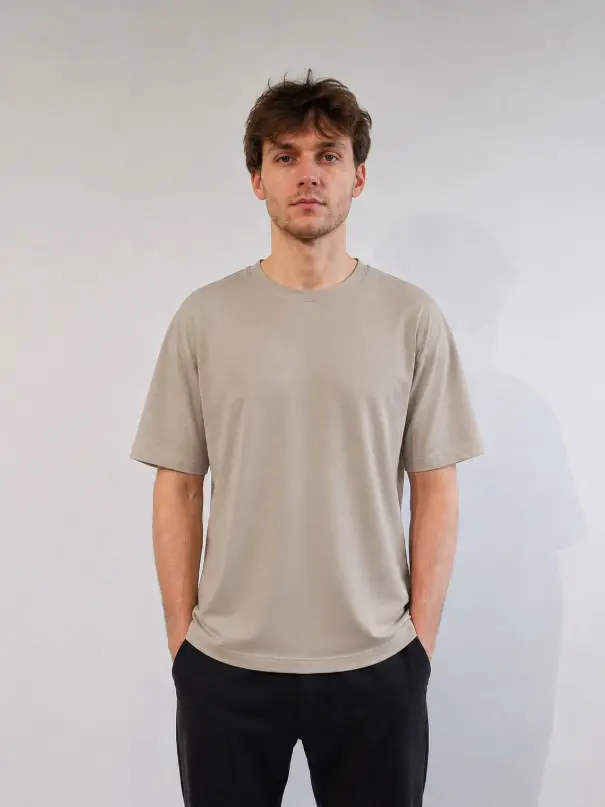 BAWEŁNIANY BEŻOWY T-SHIRT OKRĄGŁY DEKOLT NADRUK JAPAN