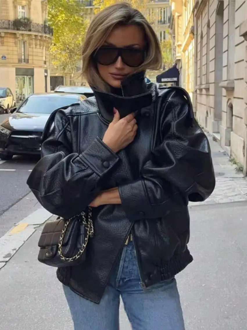 CZARNA KURTKA IMITACJA SKÓRY OVERSIZE