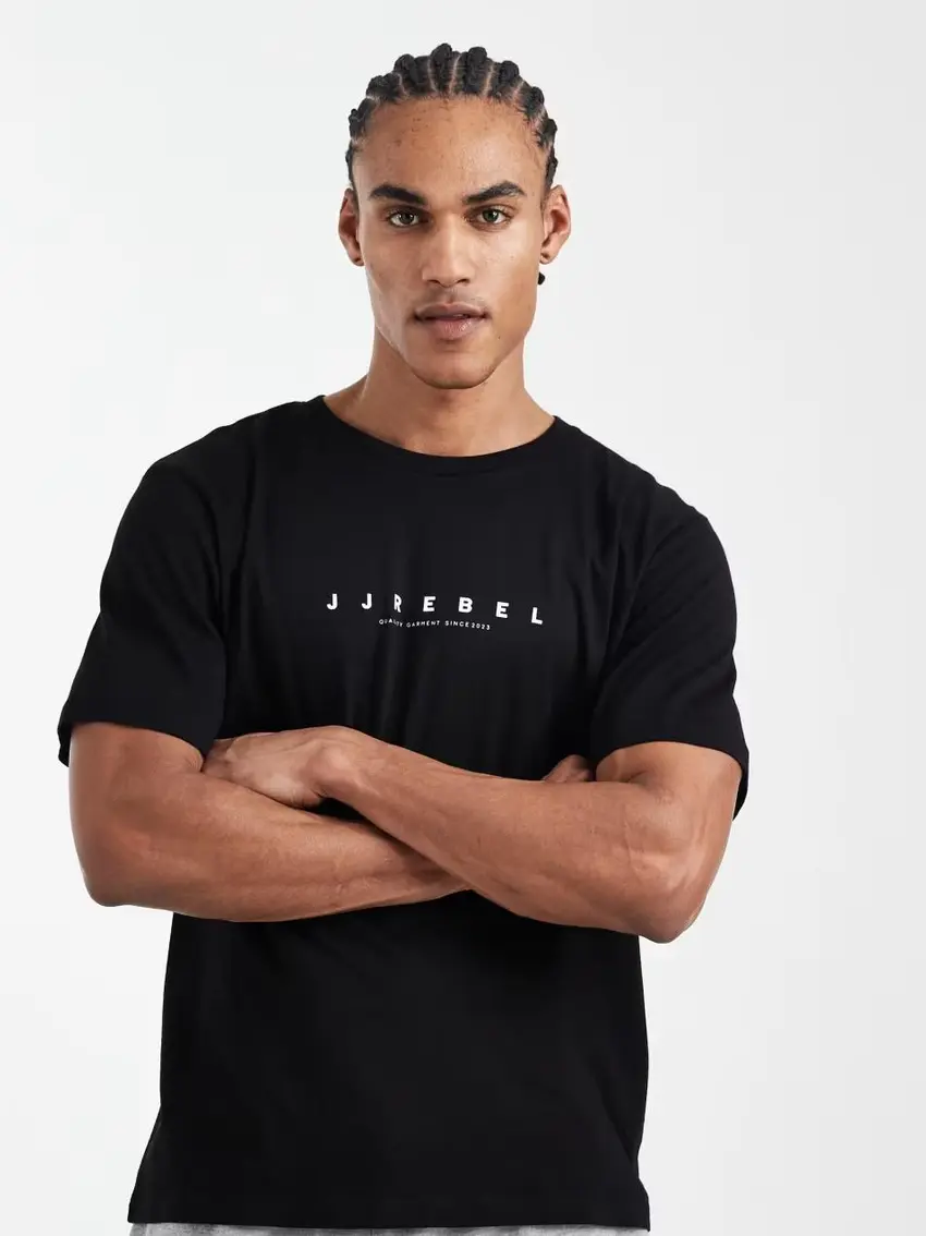 CZARNY BAWEŁNIANY GŁADKI T-SHIRT NADRUK