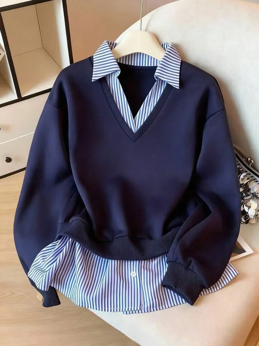 GRANATOWA BLUZA ŁĄCZENIE KOŁNIERZYK