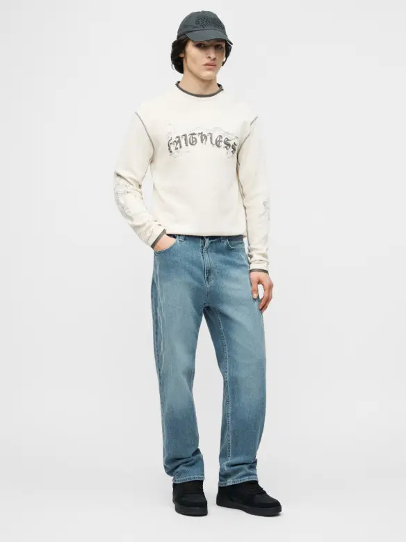 NIEBIESKIE SPODNIE JEANS NADRUK ZAMEK KIESZENIE