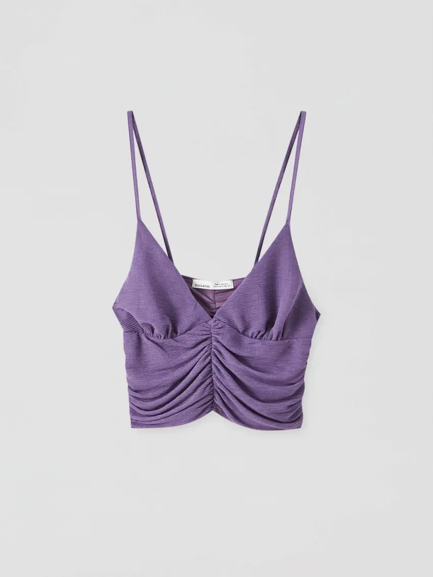 FIOLETOWY TOP NA RAMIĄCZKACH MARSZCZENIA V-NECK