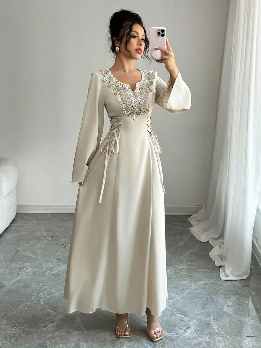 BEŻOWA MAXI SUKIENKA HAFT