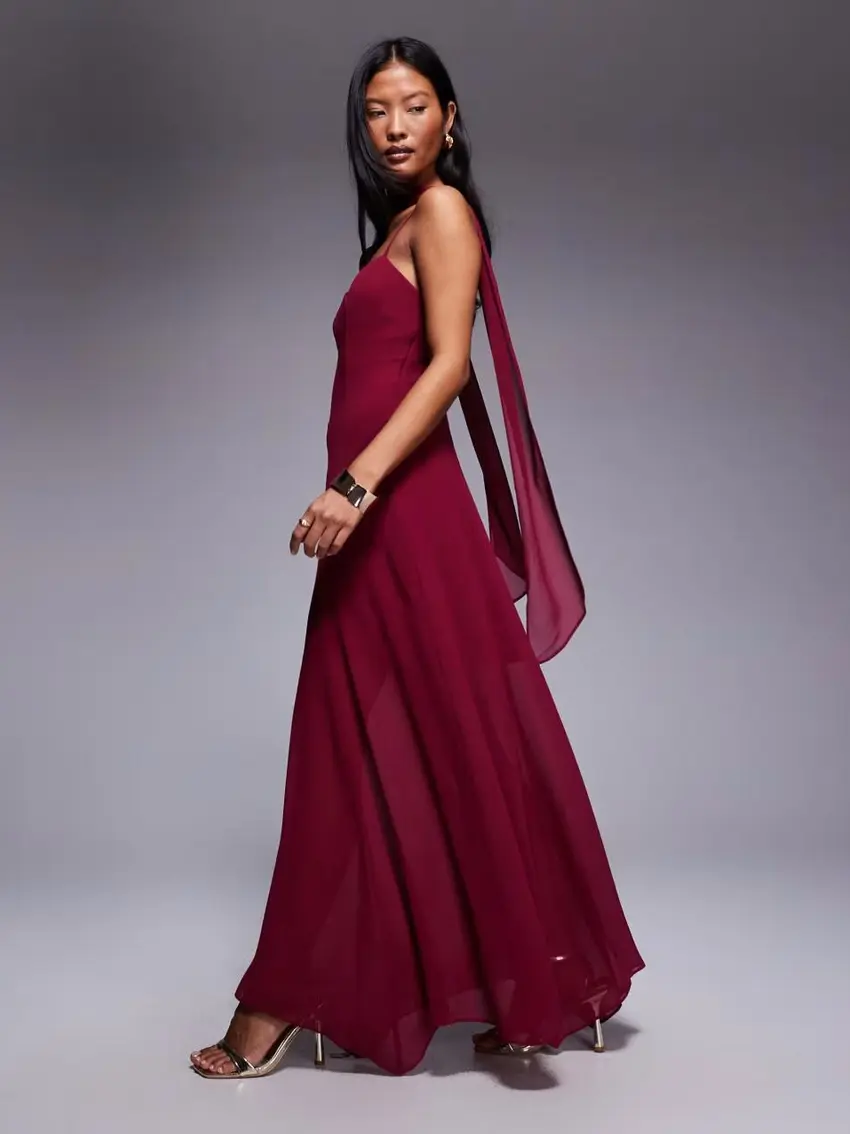 bordowa maxi sukienka na ramiączkach v-neck