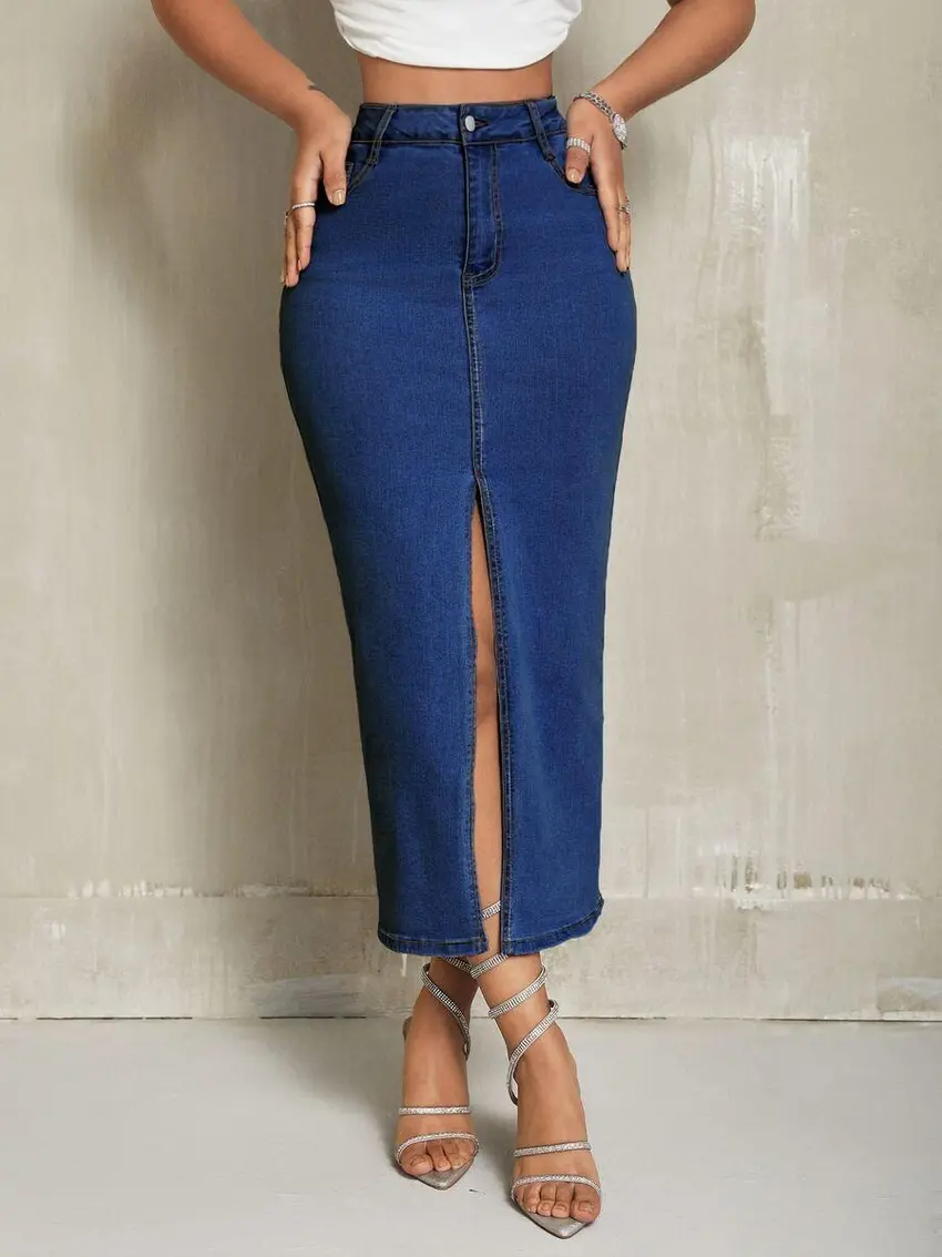 spódnica jeans rozcięcie zamek kieszenie