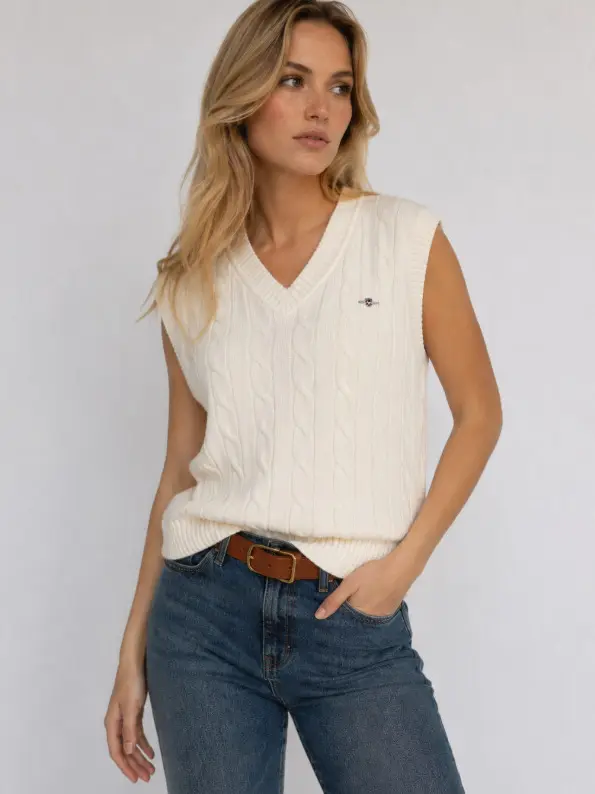 kremowa kamizelka v-neck logo dzianina