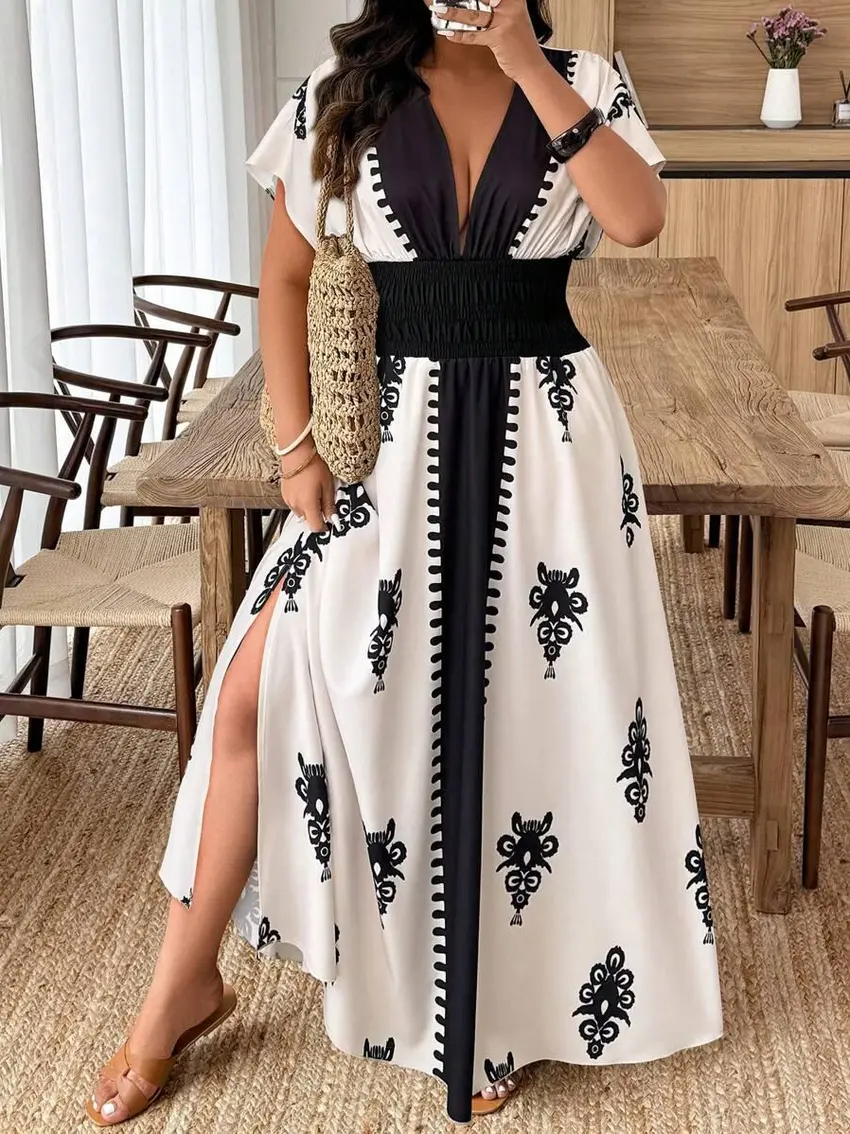 maxi sukienka wzór v-neck