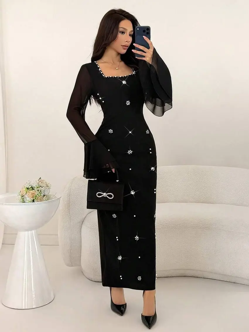 czarna maxi sukienka zdobienie