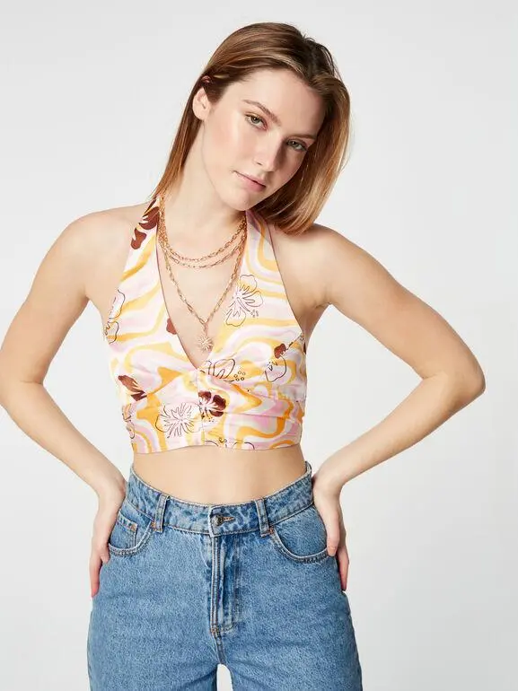 SATYNOWY CROP TOP KWIATY