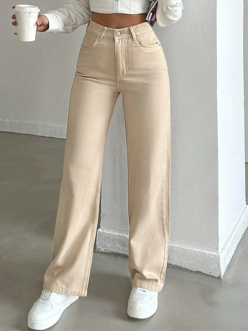 BEŻOWE SPODNIE JEANS PROSTE NOGAWKI