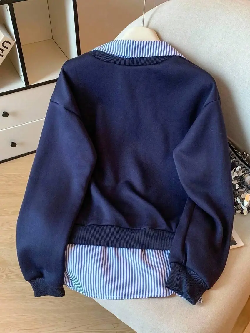 GRANATOWA BLUZA ŁĄCZENIE KOŁNIERZYK