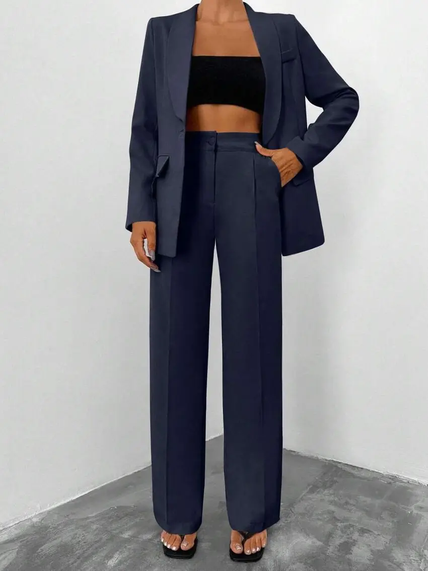GRANATOWY KOMPLET MARYNARKA SPODNIE