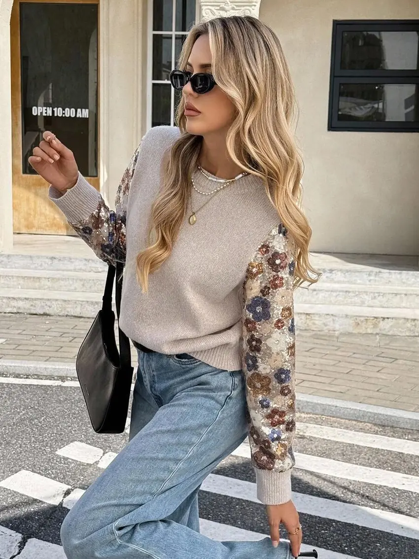 beżowy sweter zdobienie