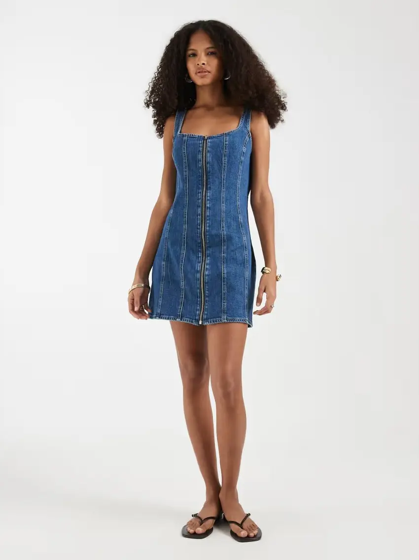 NIEBIESKA MINI SUKIENKA JEANS ZAMEK