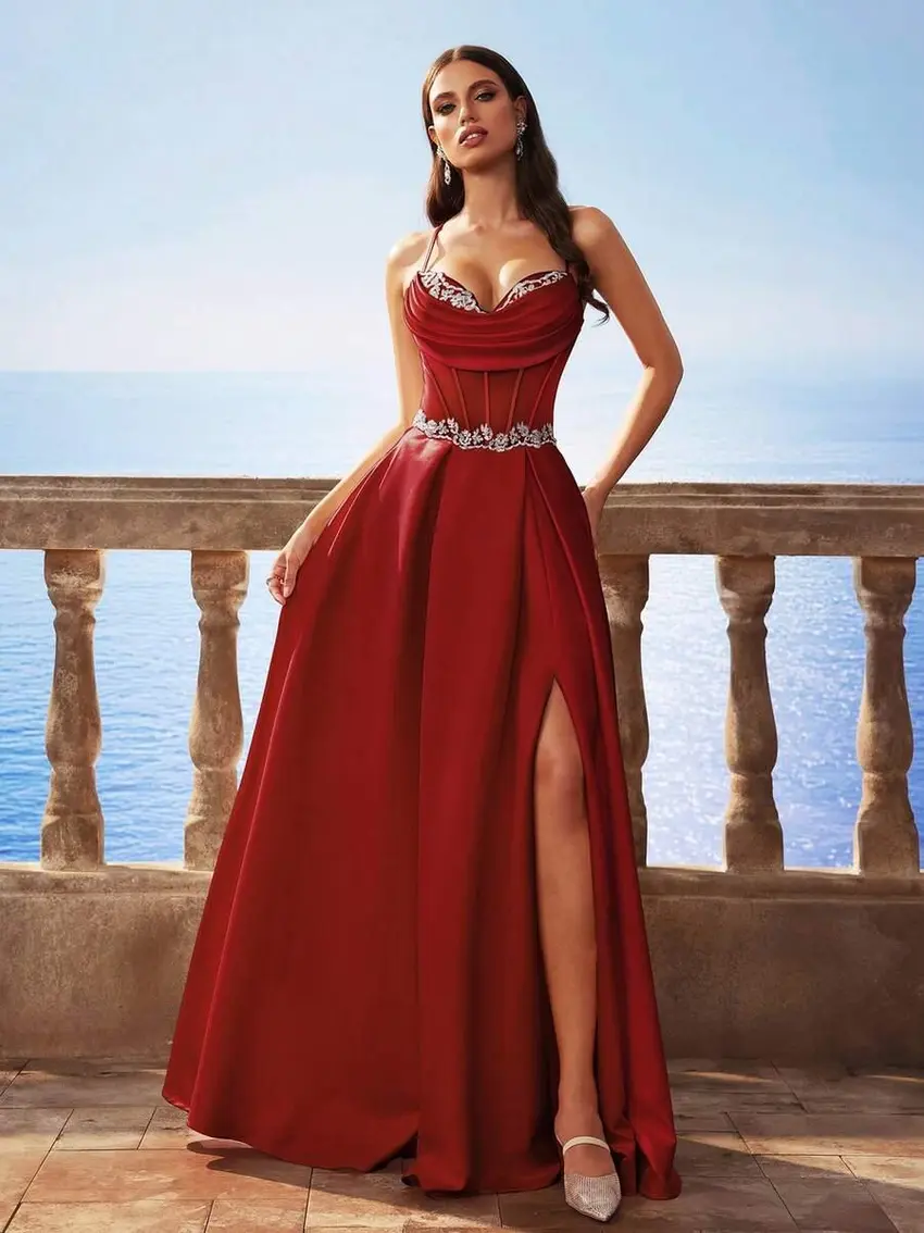 satynowa maxi sukienka rozcięcie zdobienia cross back