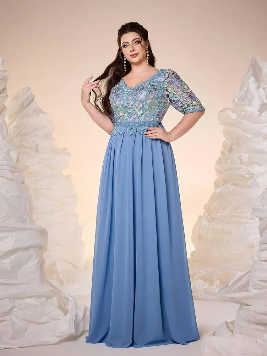 niebieska maxi sukienka haft łączenie v-neck