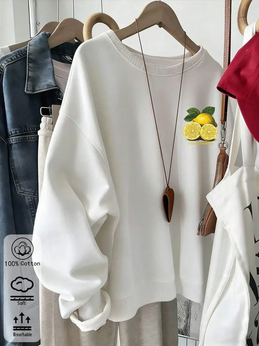BIAŁA BLUZA OKRĄGŁY DEKOLT nadruk cytryna