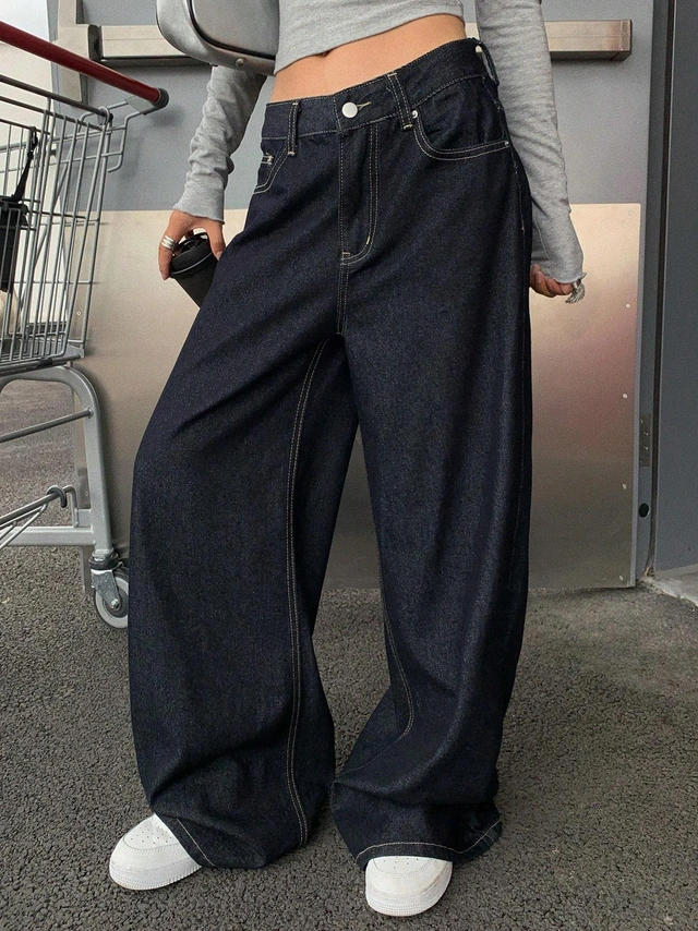 GRANATOWE SPODNIE JEANS PROSTA NOGAWKA