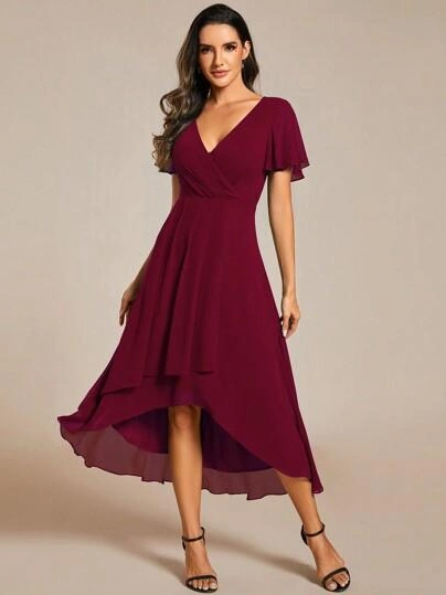 bordowa sukienka v-neck